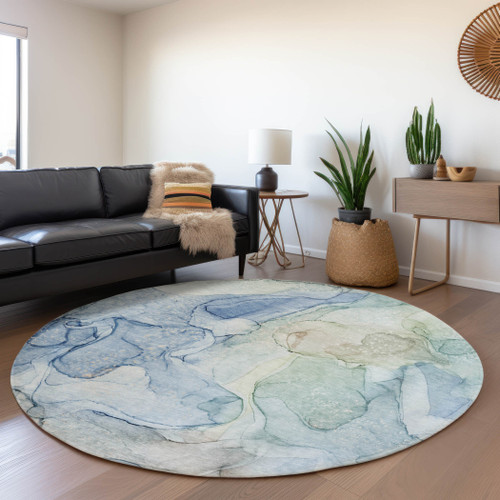 8' Blue And Ivory Abstract Washable Round Rug With UV Protection - 880024696706