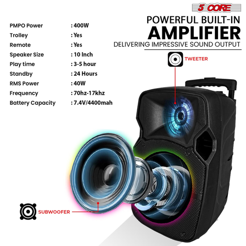 10 inch PA Portable Bluetooth Party Speaker Karaoke Boombox + 2 Wireless Mics - 810099499261