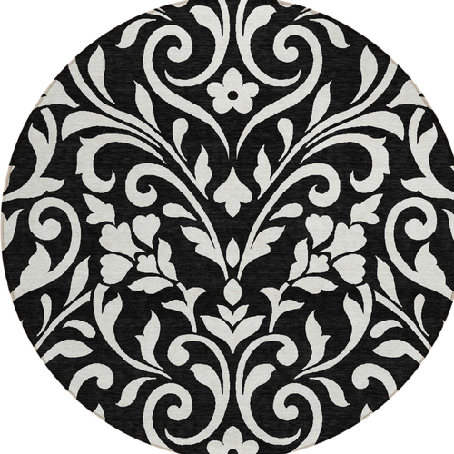 8' Black And Ivory Round Floral Washable Indoor Outdoor Area Rug - 608219070939