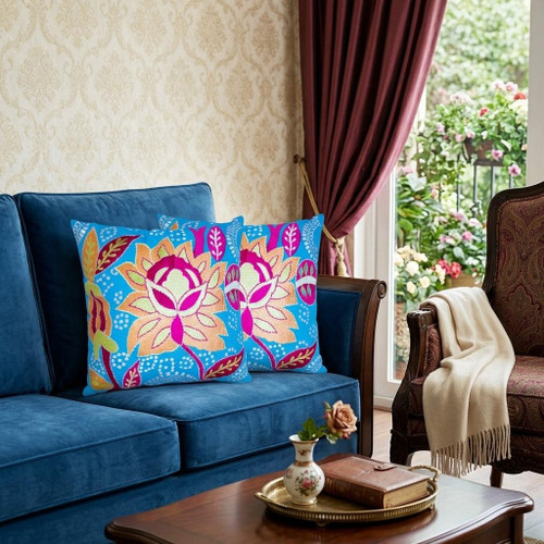 Set of Two 16" Blue And Pink Floral Cotton Throw Pillows with Embroidery - 880024978000