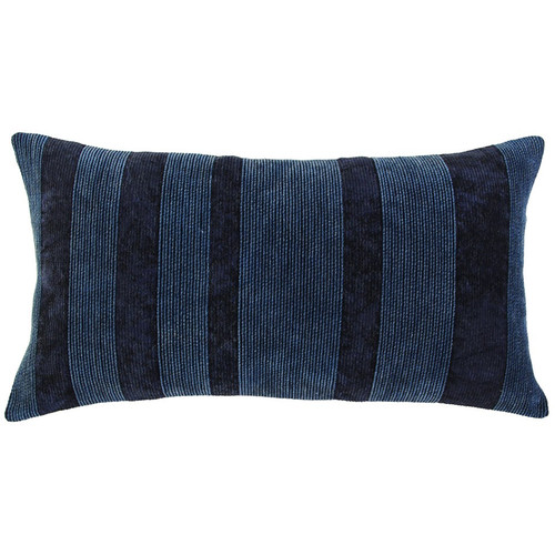 14" X 26" Navy Blue Lumbar Striped Cotton Throw Pillow