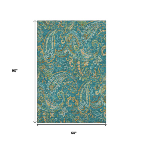 5' X 8' Teal Green And Gold Paisley Washable Area Rug With UV Protection - 880016591873