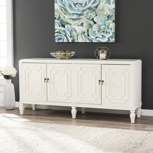 Antiqued White Geometric Lines Low Accent Cabinet Buffet - 808230099944