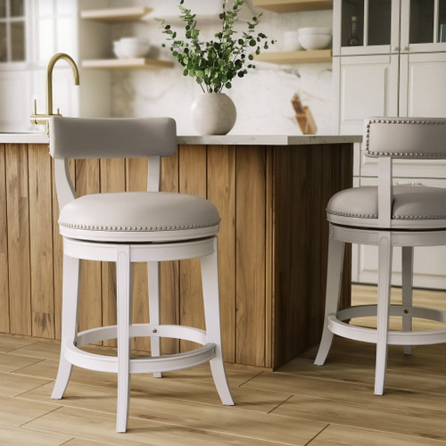 26" Gray and White Faux Leather and Solid Wood Low Back Counter Height Swivel Bar Chair - 880016602142