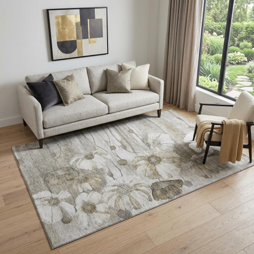 5' X 8' Taupe And Ivory Floral Washable Area Rug With UV Protection - 880024849232