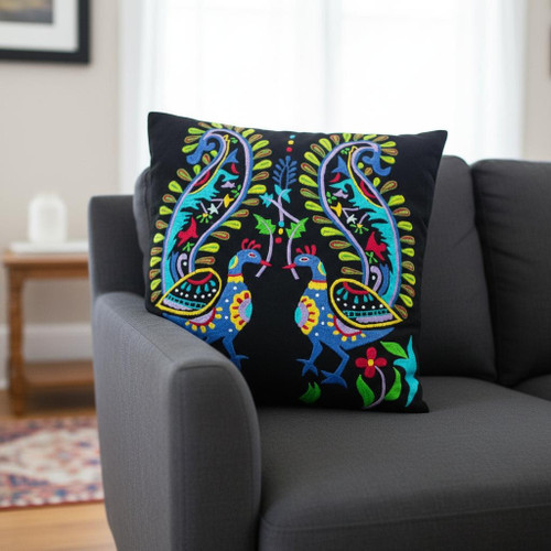 Set of Two 18" Black And Blue Peacock Cotton Throw Pillows with Embroidery - 880016570915