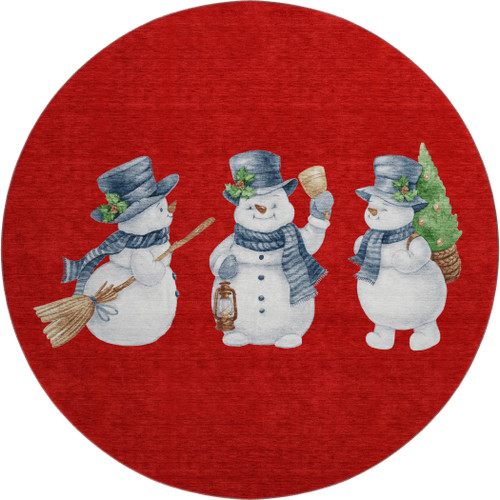 8' Red And White Christmas Snowmen Washable Round Rug With UV Protection - 880016625899