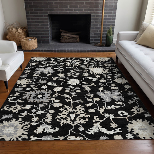 9' X 12' Black Ivory And Gray Floral Washable Indoor Outdoor Area Rug - 880016547924