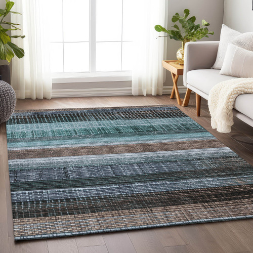 10' X 14' Teal Blue And Brown Striped Washable Indoor Outdoor Area Rug - 880016877373