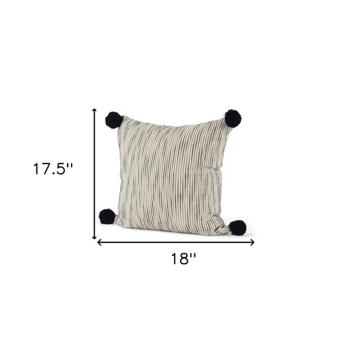 18" Cream And Black Abstract Wool Blend Throw Pillow Cover with Pompoms - 880016503890