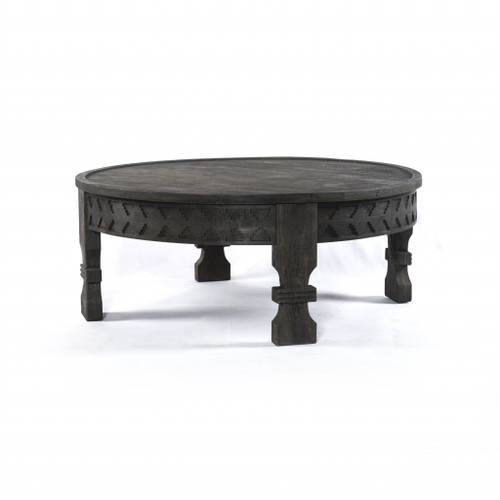 Black Carved Round Wooden Coffee Table - 808230091924