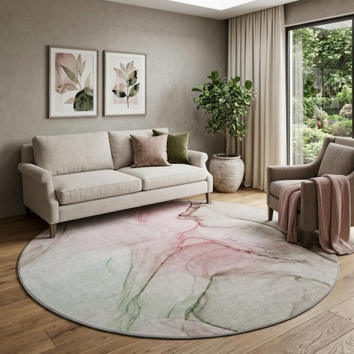 8' Blush And Ivory Abstract Washable Round Rug With UV Protection - 880016770452