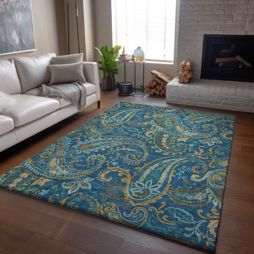 3' X 5' Navy Blue Green And Gold Paisley Distressed Washable Area Rug With UV Protection - 880024534992
