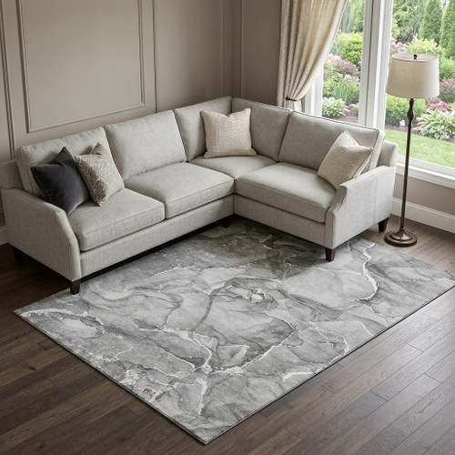9' X 12' Pewter And Ivory Abstract Washable Area Rug With UV Protection - 880016423891