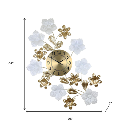 26" Gold White And Black Metal Silent Analog Floral Wall Clock - 880016829242