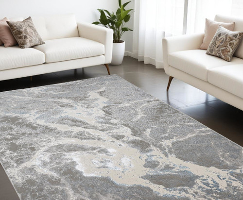 10' x 13' Gray and Ivory Abstract Power Loom Area Rug - 606114914891