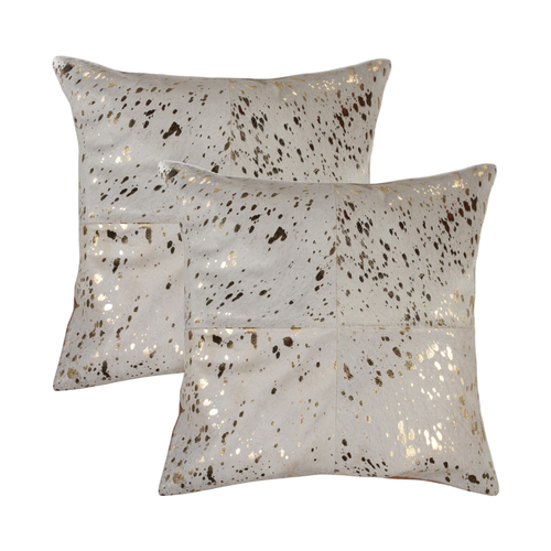 Set of Two 18" Natural and Gold Abstract Cowhide Throw Pillows with Glitter - 608219038311