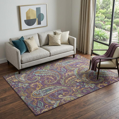 5' X 8' Purple Green And Blue Paisley Washable Area Rug With UV Protection - 880016785708