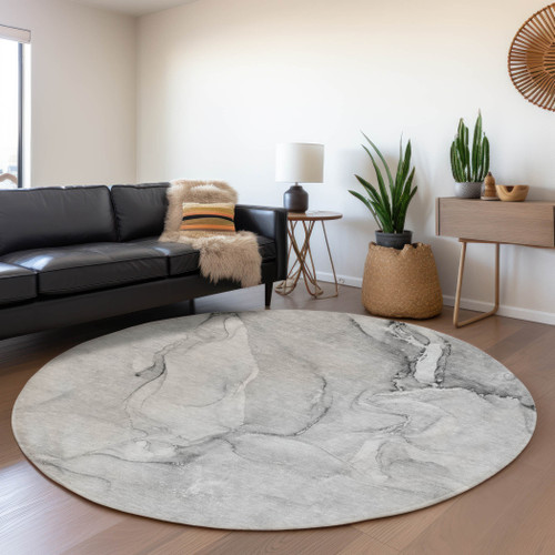 8' Gray And Ivory Abstract Washable Round Rug With UV Protection - 880016663419