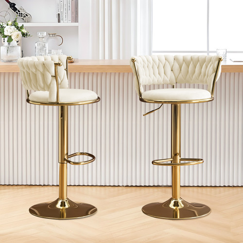 Set of Two Beige and Gold Velvet and Metal Low Back Adjustable Height Swivel Bar Chairs - 880024639789