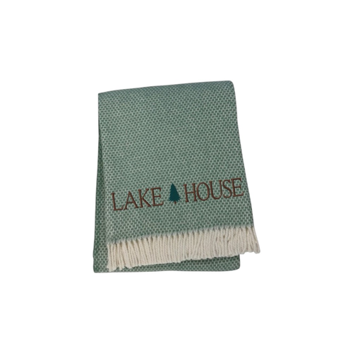 Sage Cotton Blend Lake House EmbroideThrow Blanket with Fringe - 880016568165