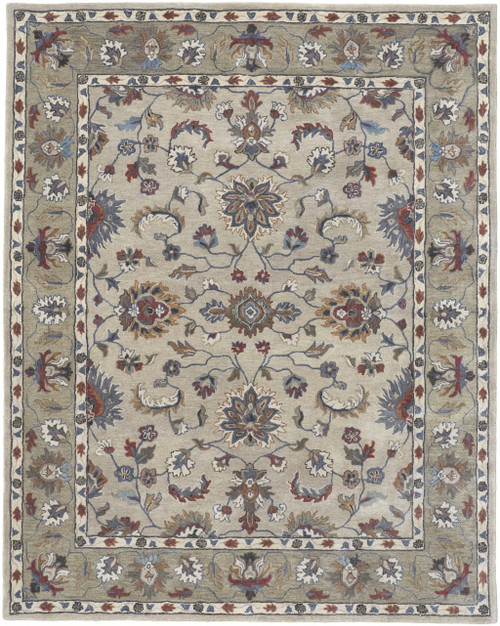 10' X 14' Ivory Taupe And Blue Wool Floral Tufted Handmade Stain Resistant Area Rug