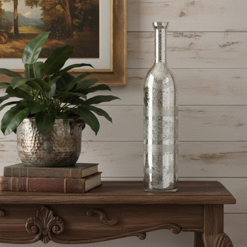 25" Antiqued Silver Floral Glass Bottle Table Vase - 880016664072