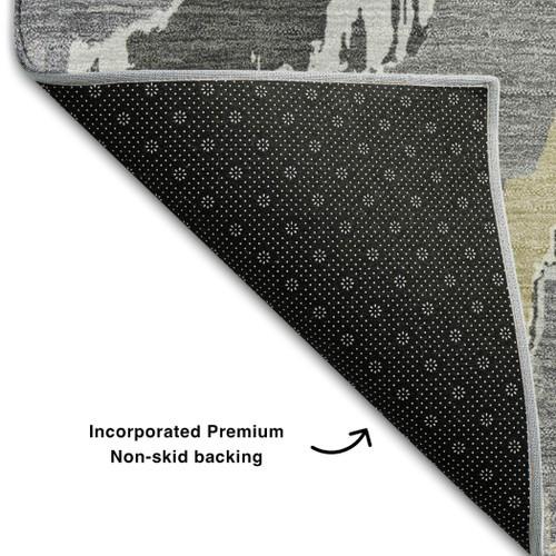 8' Gray Gold And Ivory Abstract Washable Round Rug With UV Protection - 880016850970