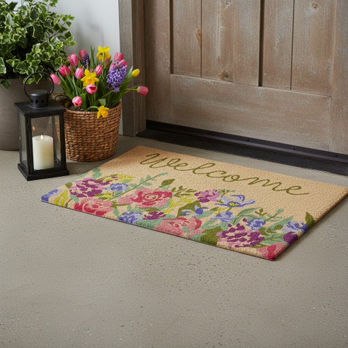18" X 30" Brown Green And Pink Floral Welcome Outdoor Coir Door Mat - 880016788853