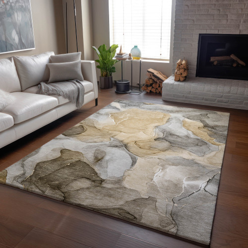 5' X 8' Brown Gray And Ivory Abstract Washable Area Rug With UV Protection - 880024505145