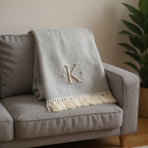 Herringbone Cotton Blend K Initial Throw Blanket with Tassels Embroidery - 880016806496