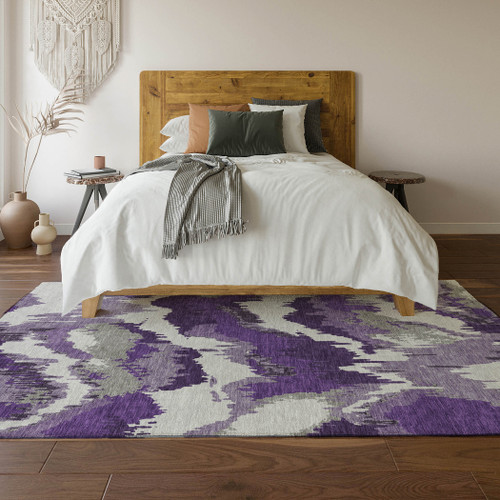 9' X 12' Purple Ivory And Gray Abstract Washable Area Rug With UV Protection - 880024764511