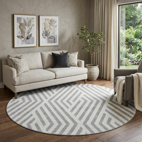 8' Gray And Ivory Geometric Washable Round Rug With UV Protection - 880016702682