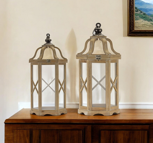 Set of Two Natural and Brown Wood and Metal Geometric Floor Lantern Candle Holders - 608219394615