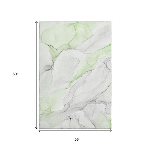 3' X 5' Green And Ivory Abstract Washable Area Rug With UV Protection - 880016678963
