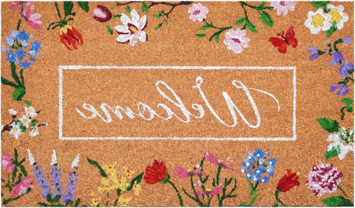 24" X 36" Brown White And Green Floral Welcome Outdoor Coir Door Mat - 880024779799