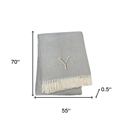 Herringbone Cotton Blend Y Initial Throw Blanket with Tassels Embroidery - 880016483796