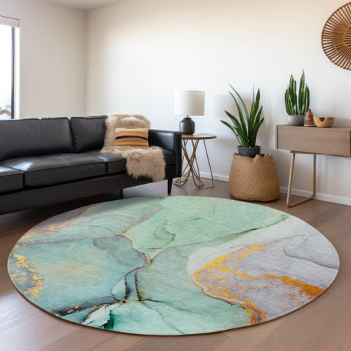 8' Teal Gold And Ivory Abstract Washable Round Rug With UV Protection - 880016638530
