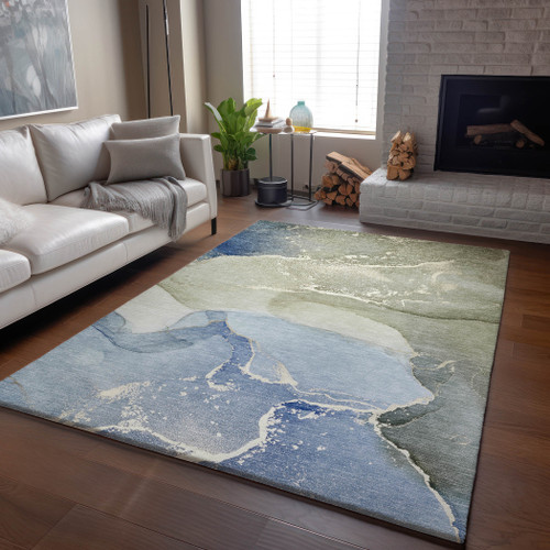 5' X 8' Blue Gray And Ivory Abstract Washable Area Rug With UV Protection - 880024839622