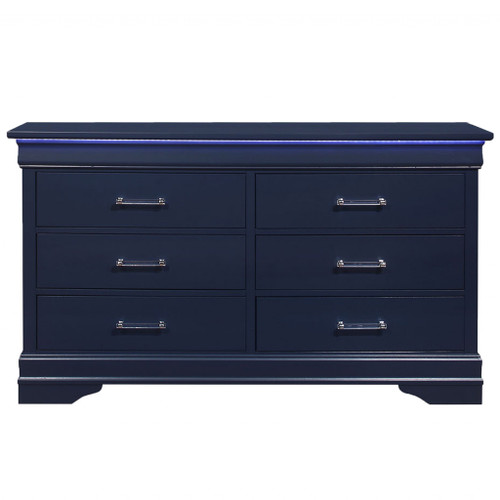 59" Blue Solid Wood Lighted Six Drawer Double Dresser