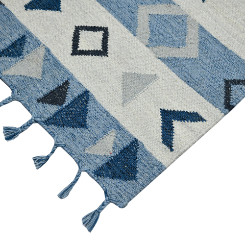 2' X 3' Sky Blue Gray And Black Wool Tribal Flatweave Handmade Area Rug With Fringe - 880016659399