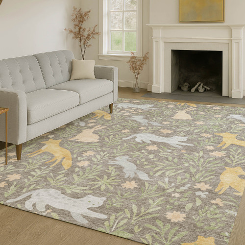 5' X 8' Taupe And Green Forest Animals And Botanical Leaves Washable Area Rug - 880016866643