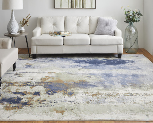 10' X 13' Blue Orange And Ivory Abstract Power Loom Area Rug - 606114702610