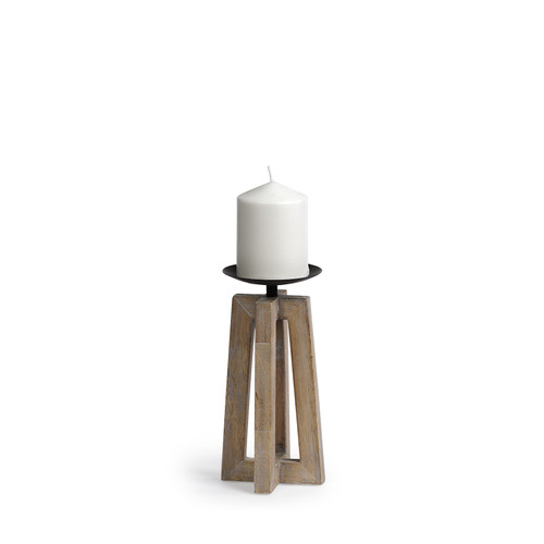 9" Light Brown Distressed Geometric Solid Wood And Metal Tabletop Pillar Candle Holder - 880016559637