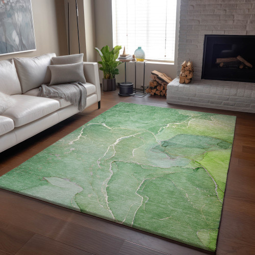 10' X 14' Green And Ivory Abstract Washable Area Rug With UV Protection - 880024502434