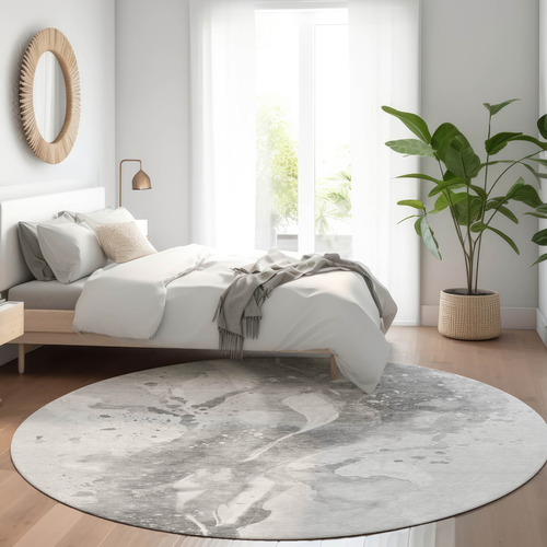 8' Gray And Silver Round Abstract Washable Indoor Outdoor Area Rug - 880016574838