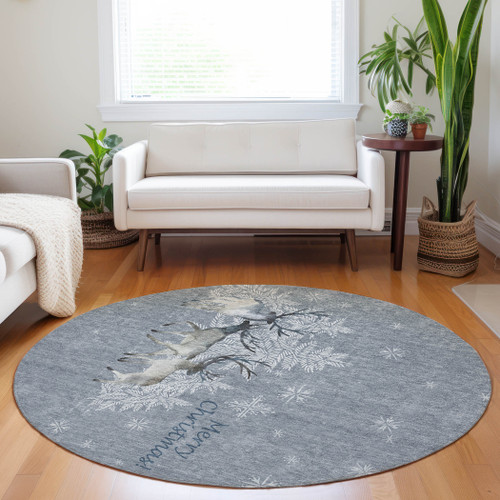 8' Gray Ivory And Blue Christmas Deer Washable Round Area Rug With UV Protection - 880024716725