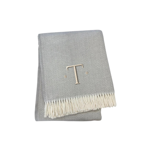 Herringbone Cotton Blend T Initial Throw Blanket with Tassels Embroidery - 880016580655