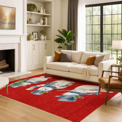 9' X 12' Red And White Christmas Snowmen Washable Area Rug With UV Protection - 880024892665