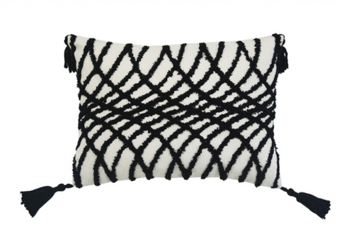 Homeroots Home Decor 13 X 18 Inches Black and White Geometric Zippered Polyester and Cotton Blend Throw Pillow with Tassels